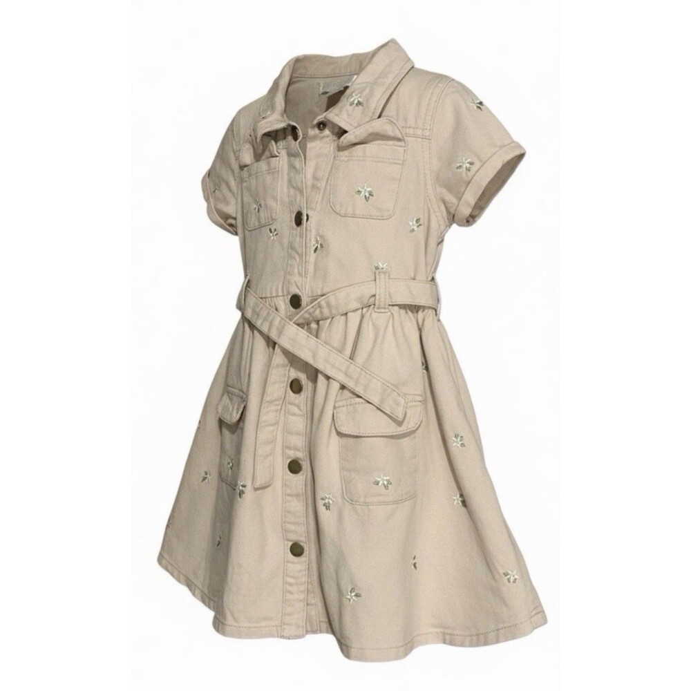 Nanette Denim Dress Pockets floral embroidered Girls Size 6T beige fall dress
